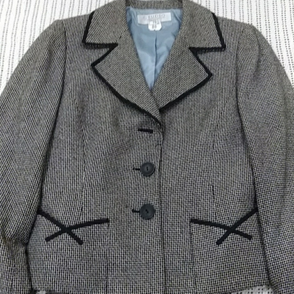 Tahari Studio black and white suit with black trim